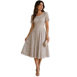 Dress Tells Beige Lace Fit Flare Midi Dress Scalloped XL Cottagecore